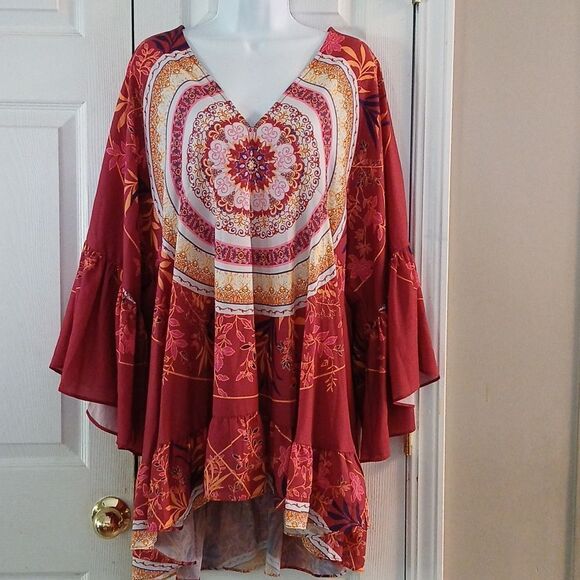 Umgee boho high low wide bell sleeve V neck blouse top Sz 1XL NWOT - Picture 1 of 6